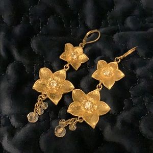 Gold tone flower and crystal earrings